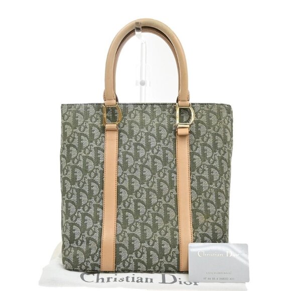 CHRISTIAN DIOR Logo Trotter Pattern Shoulder Bag Canvas Leather Green 70KB031 - Picture 1 of 15